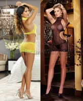 8661 Dreamgirl, Leopard fishnet halter apron babydoll with stretch la