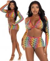 81661 Leg Avenue Rainbow hardcore net bra top shrug boy shorts